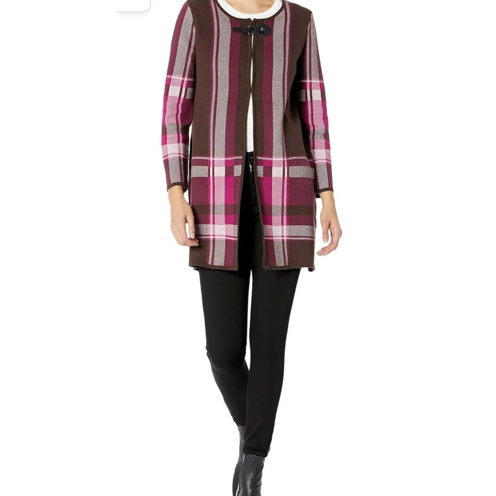 KASPER LONG PLAID CARDIGAN WITH BUCKLE HARDWARE WARM

MEDIUM ^ EUC